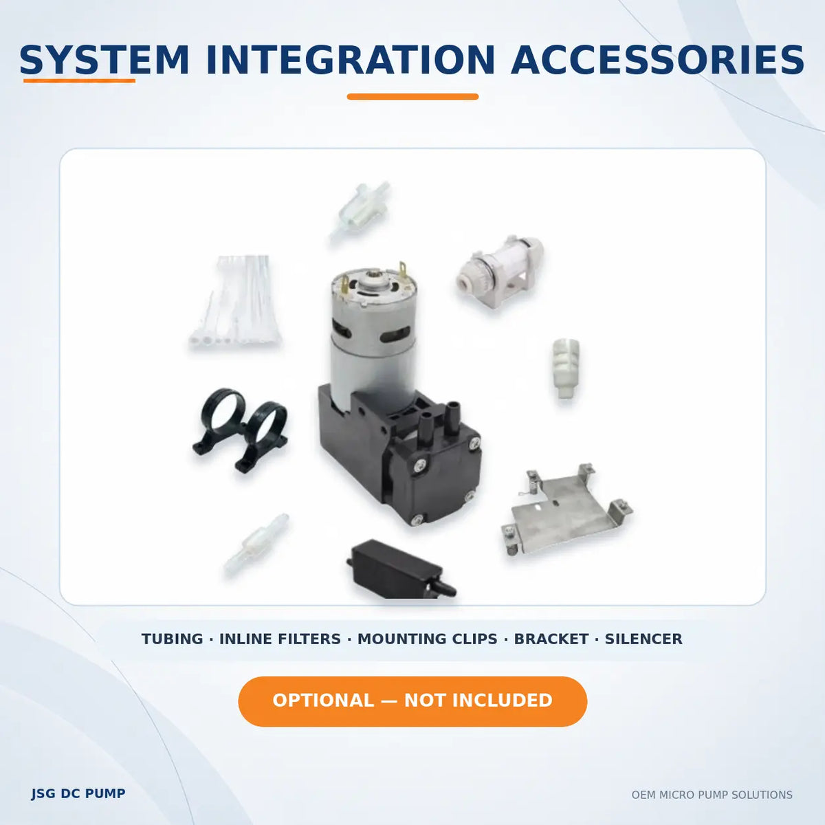 JSG07A/V brushed piston pump shown with optional tubing, filters, mounting clips, bracket and silencer