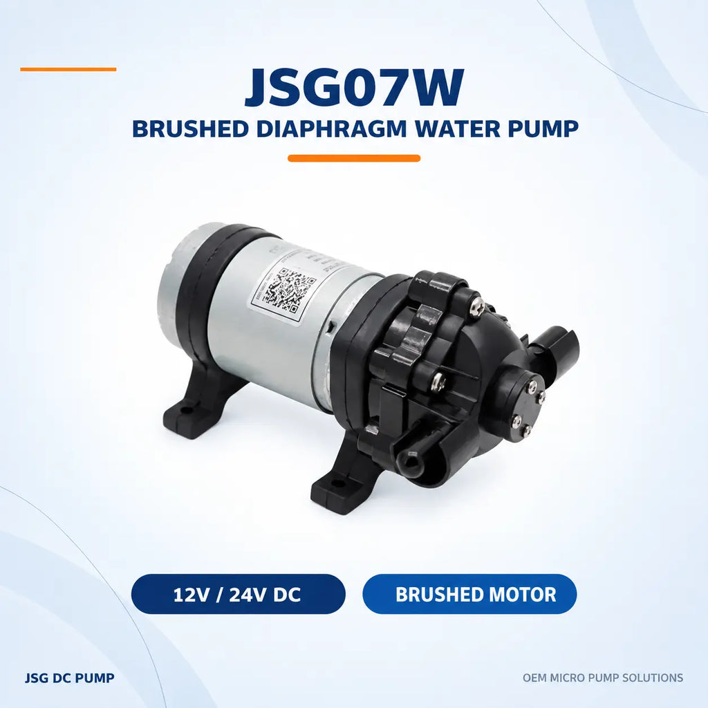 JSG07W brushed DC diaphragm water pump in front three-quarter view with original product label