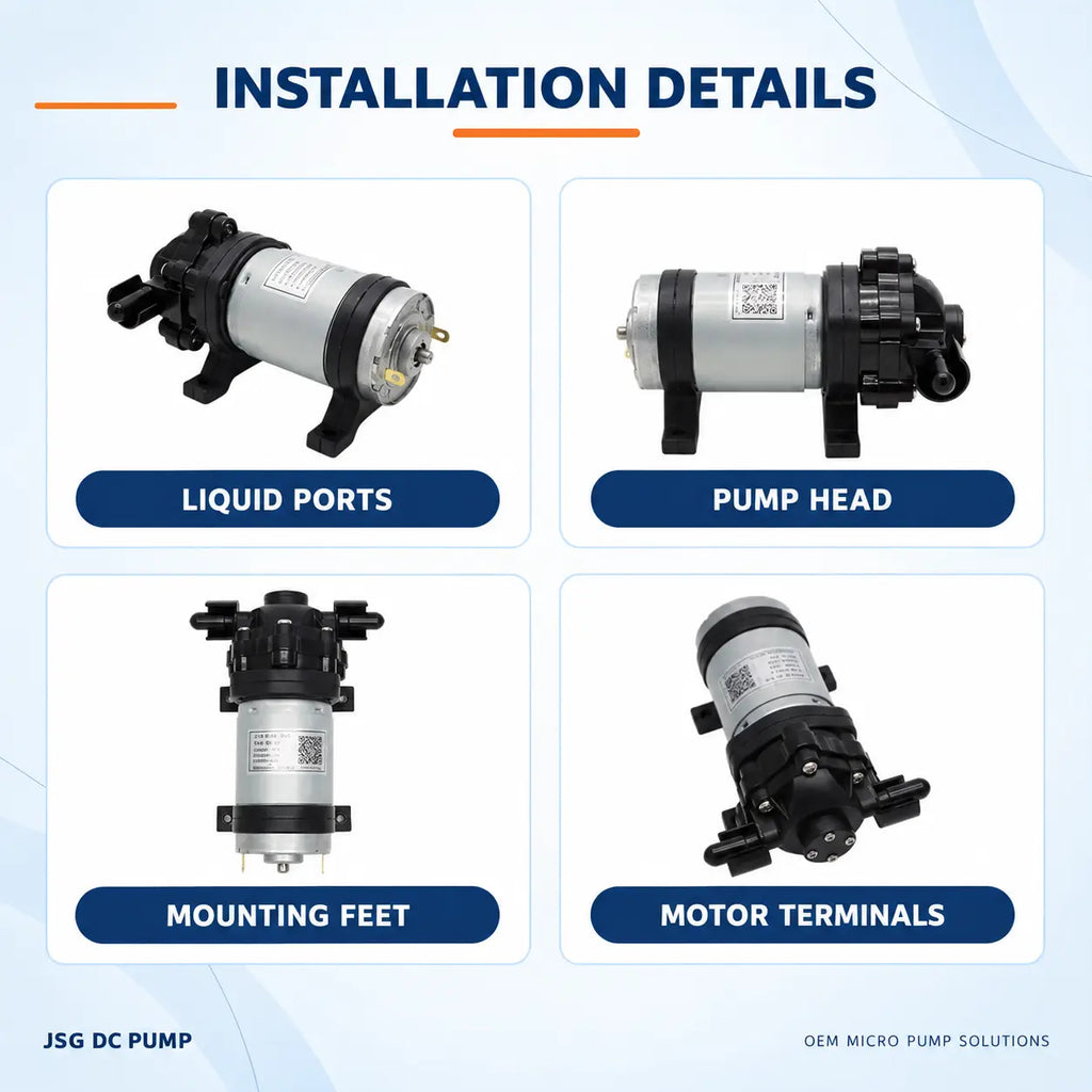 JSG07W diaphragm water pump multi-angle views showing liquid ports, pump head, mounting feet and motor terminals