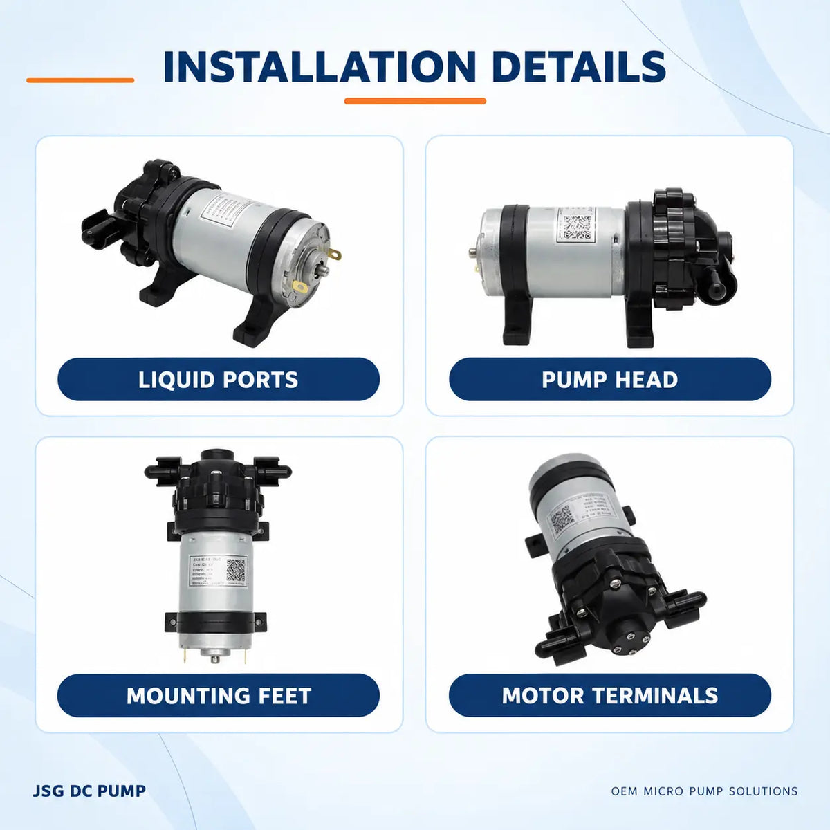 JSG07W diaphragm water pump multi-angle views showing liquid ports, pump head, mounting feet and motor terminals