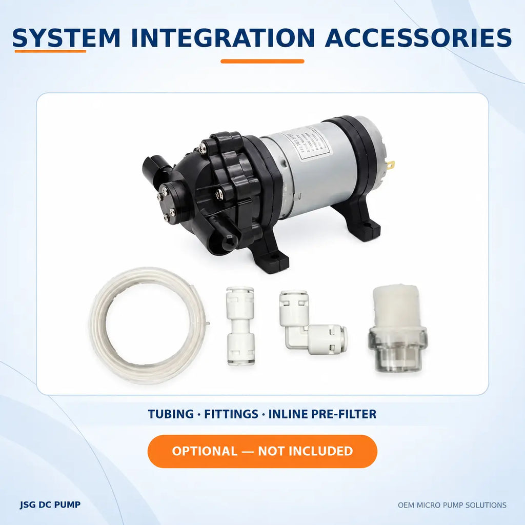 JSG07W water pump shown with optional tubing, fittings and inline pre-filter