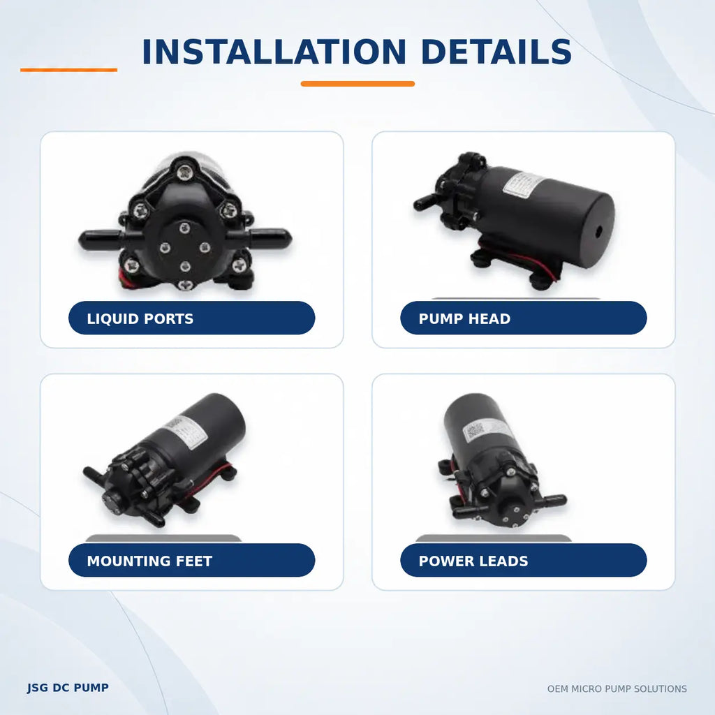 JSG07WB liquid pump multi-angle views showing ports, pump head, mounting feet and power leads