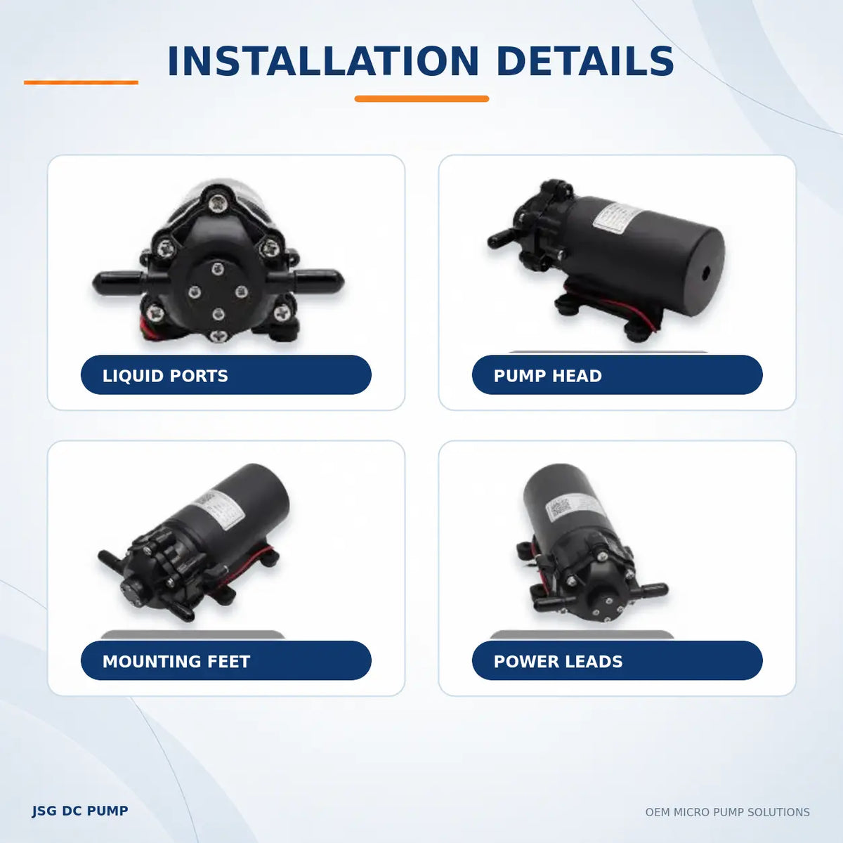 JSG07WB liquid pump multi-angle views showing ports, pump head, mounting feet and power leads