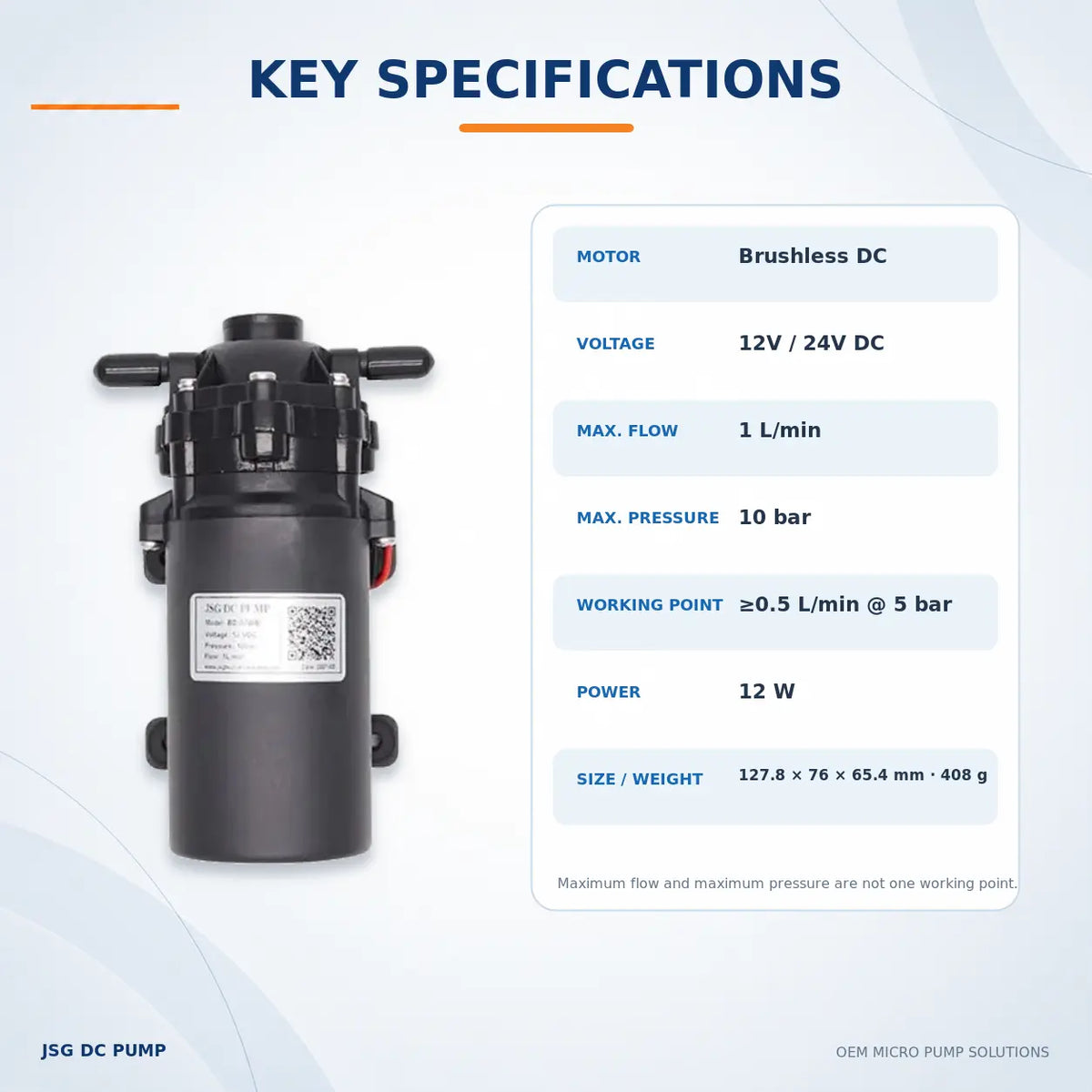 JSG07WB brushless diaphragm liquid pump with 12V and 24V performance specifications