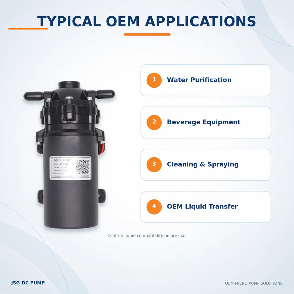 JSG07WB liquid pump applications for water purification, beverage equipment, cleaning and OEM liquid transfer