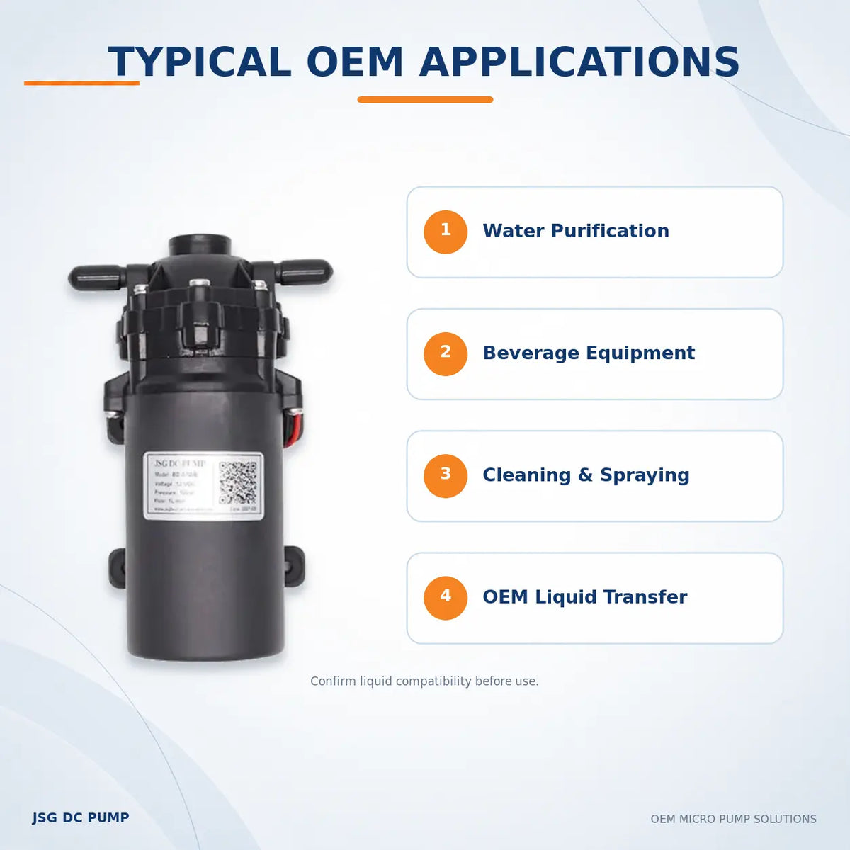 JSG07WB liquid pump applications for water purification, beverage equipment, cleaning and OEM liquid transfer