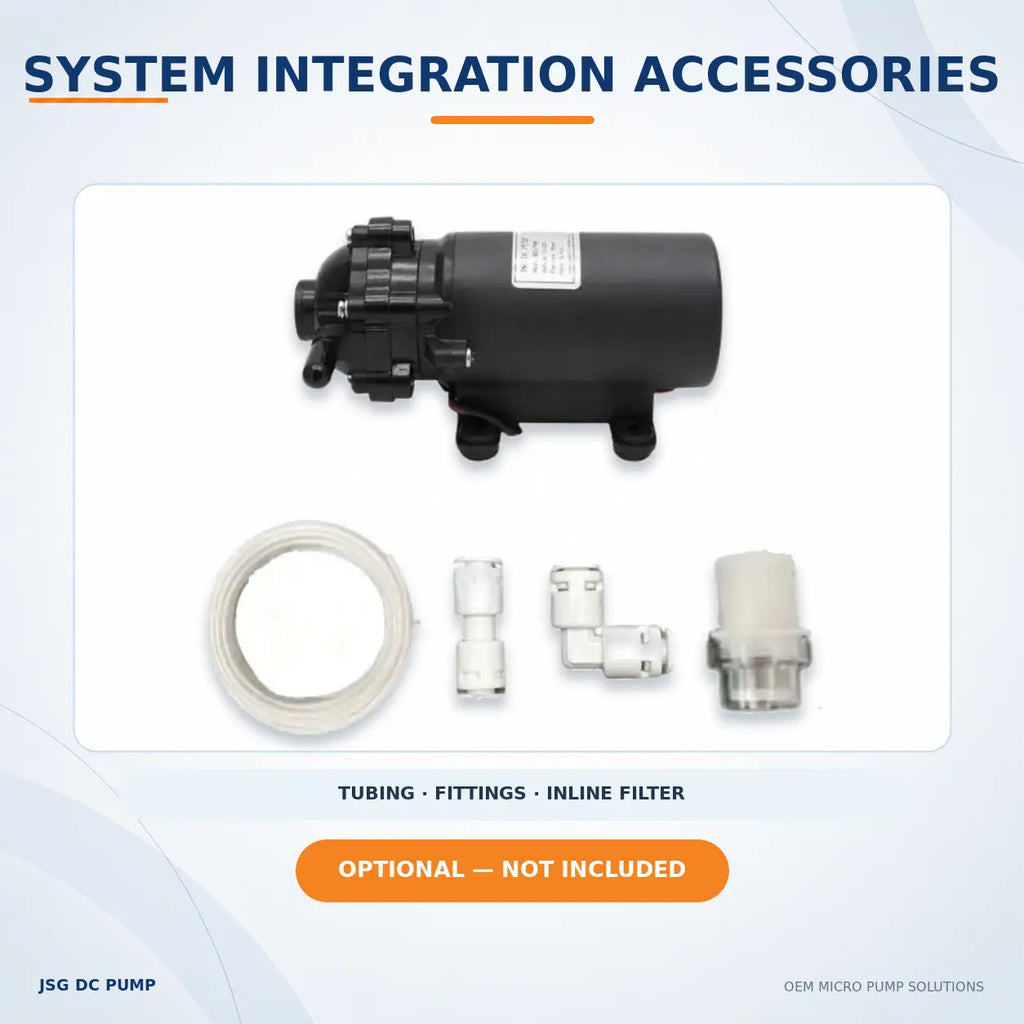 JSG07WB liquid pump shown with optional tubing, fittings and inline filter
