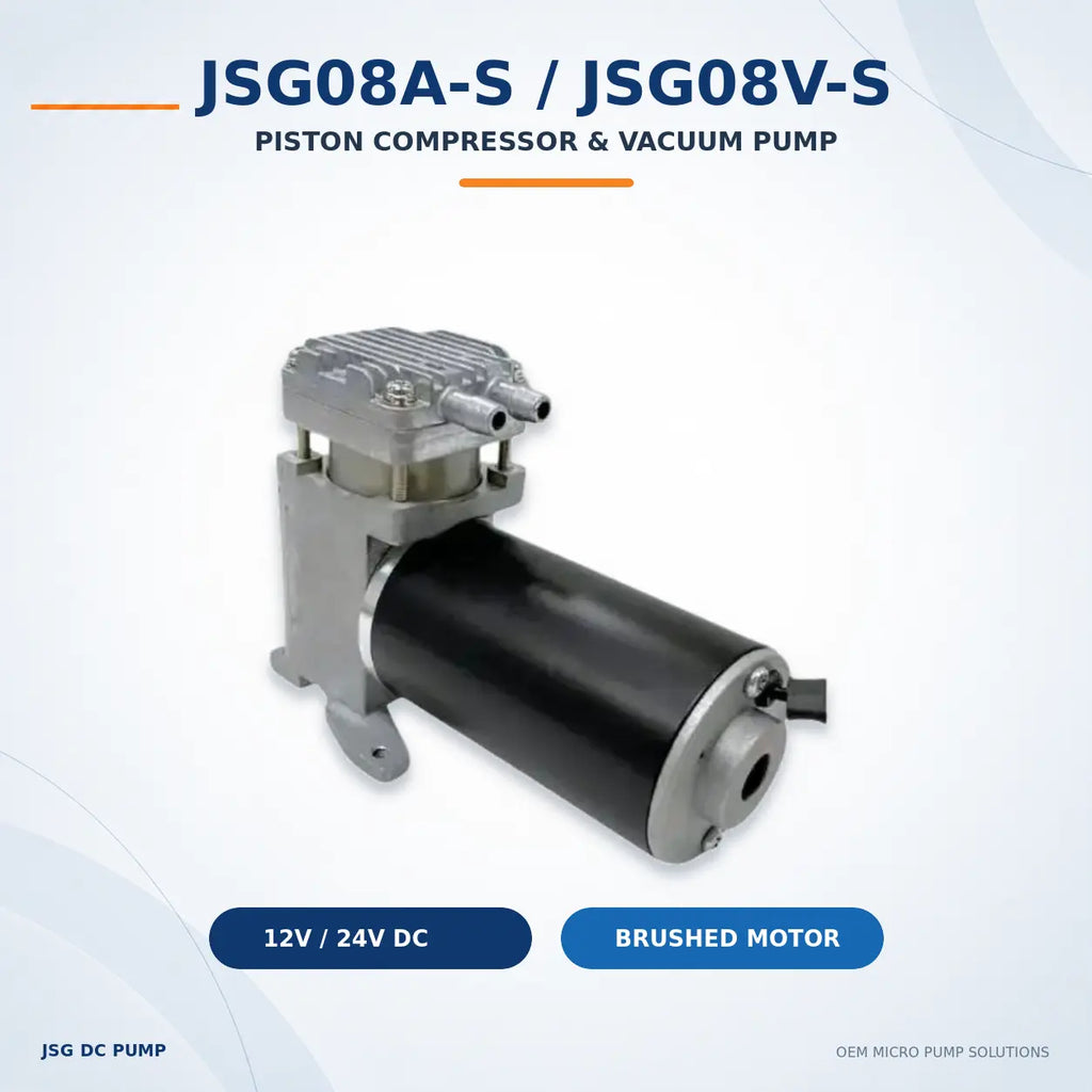 JSG08 brushed DC piston compressor and vacuum pump three-quarter view
