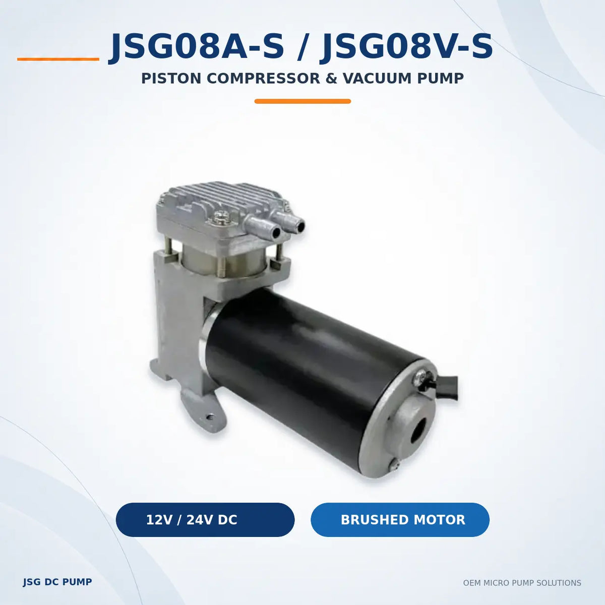JSG08 brushed DC piston compressor and vacuum pump three-quarter view