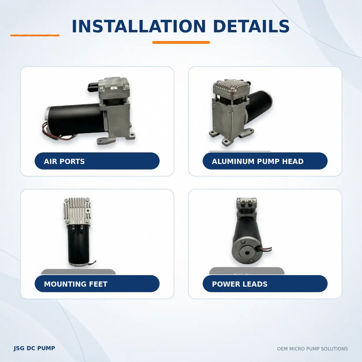 JSG08 piston pump multi-angle views showing air ports, aluminum pump head, mounting feet and power leads