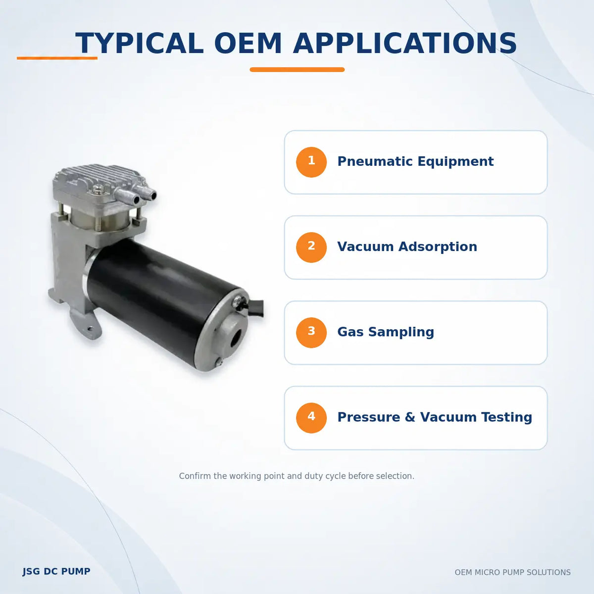 JSG08 piston pump applications for pneumatic equipment, vacuum adsorption, gas sampling and pressure vacuum testing