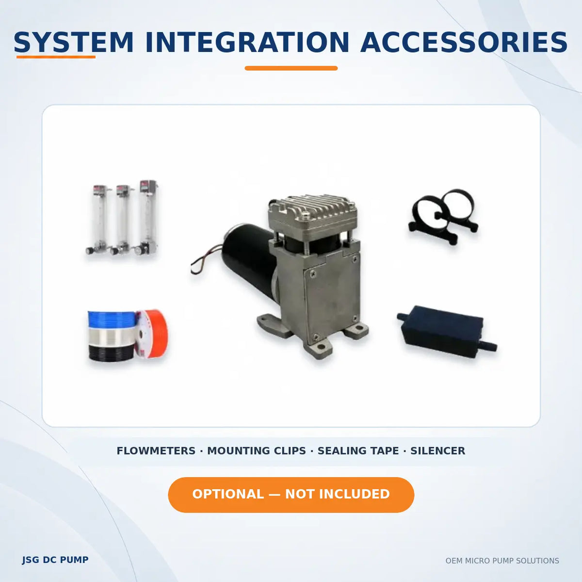 JSG08 piston pump shown with optional flowmeters, mounting clips, sealing tape and silencer