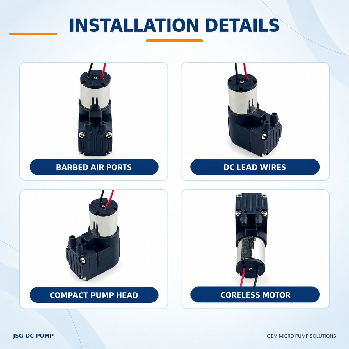 JSG13G gas pump barbed air ports, DC lead wires, compact pump head and coreless motor in four product views