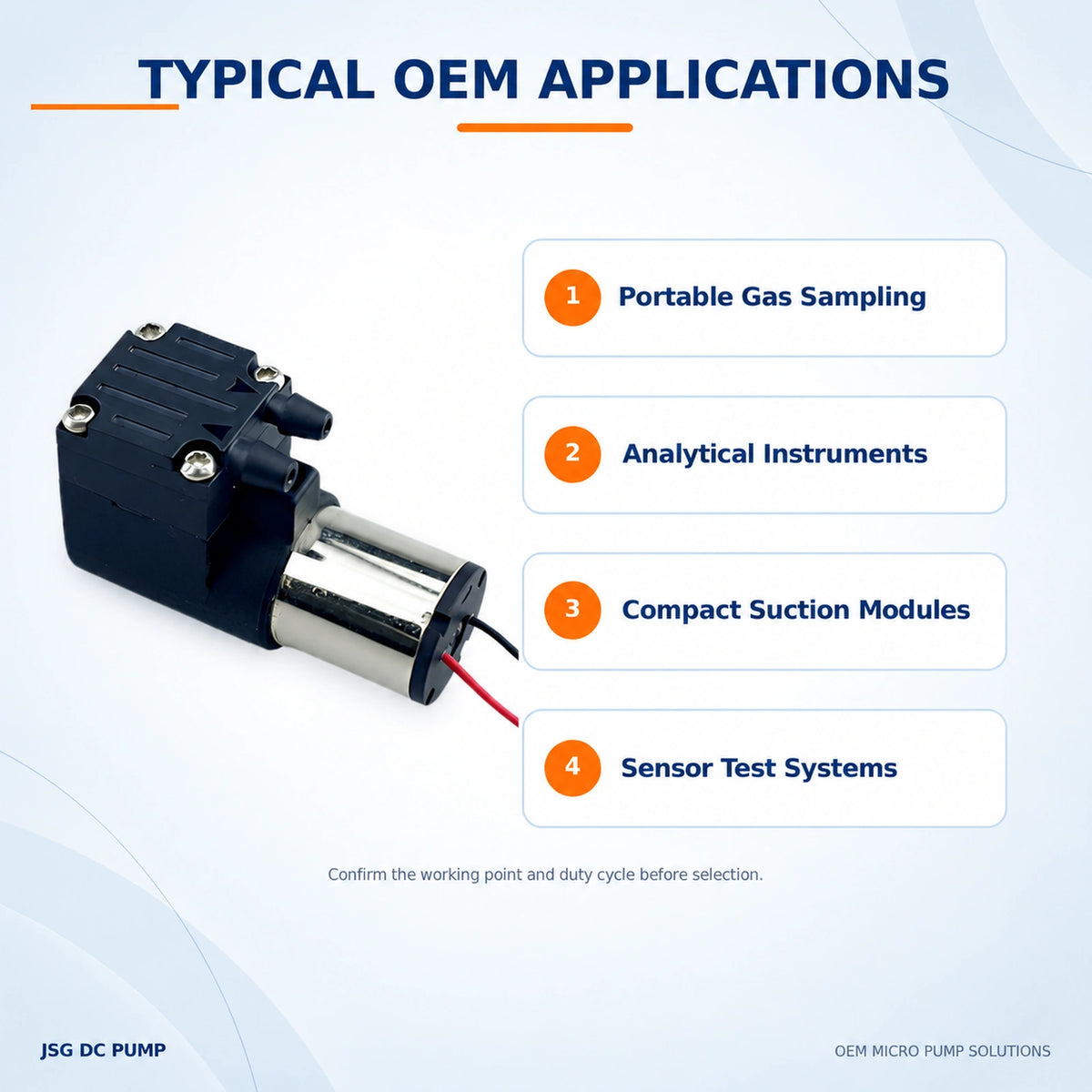 JSG13G gas pump applications for portable gas sampling, analytical instruments, compact suction modules and sensor test systems