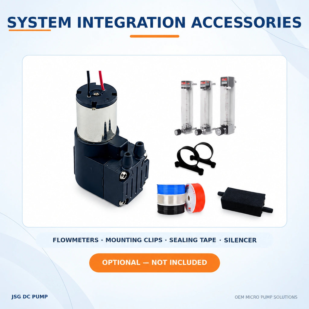 JSG13G pump with optional flowmeters, mounting clips, sealing tape and silencer; accessories are not included