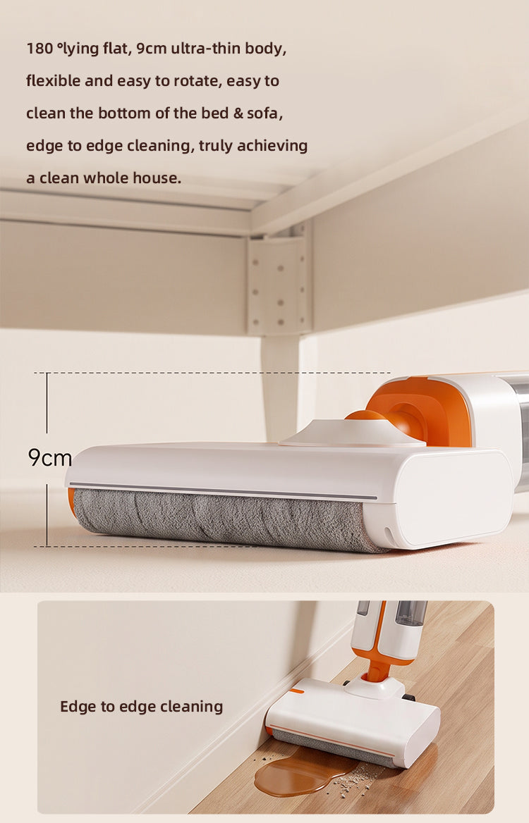 JSGS100 floor washer shown under low furniture and along a wall edge
