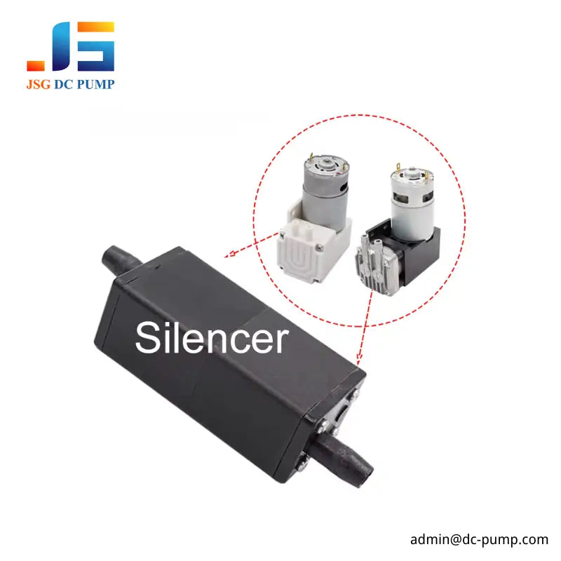 Mini air pump silencer shown beside compact diaphragm pumps